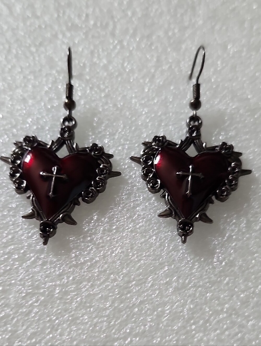 Hand Crafted Deep Red Heart Cross Drop Earrings